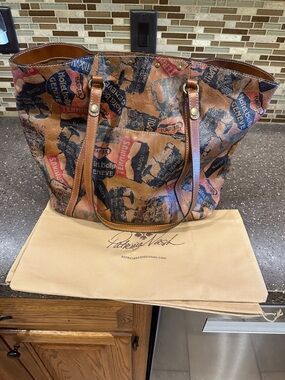 Patricia Nash Brown Vintage-Print Leather Tote with Multicolor Accents